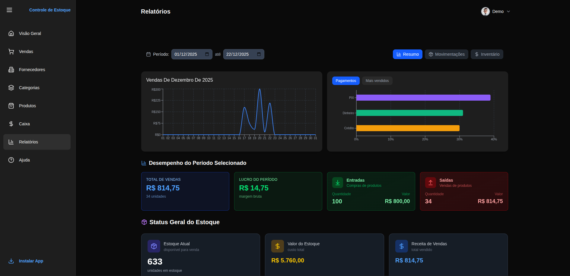 Gestão de Estoque — Demo de sistema operacional
